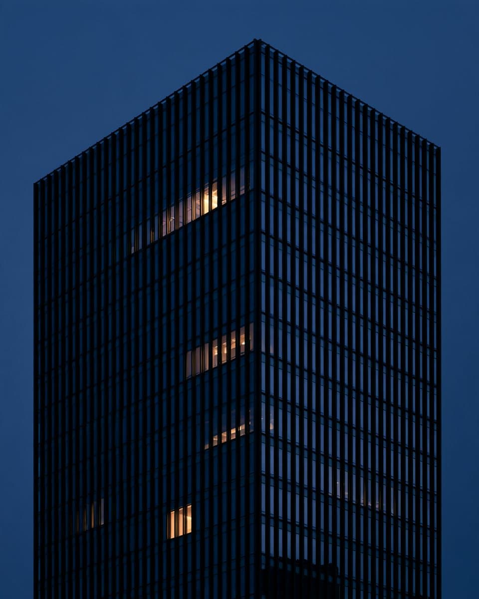 Façade d'immeuble de bureaux en acier et verre à l'heure bleue, quelques fenêtres éclairées.